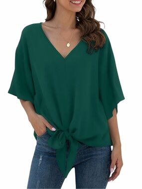 V-Neck Tie-Front Blouse - Green